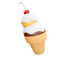 3d rendering ice cream with two balls and a cherry icon. 3d render waffle crust with chocolate and banana ball and milk filling icon. png