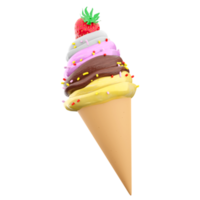 3d rendering cream ice cream with waffle peel and strawberries icon. 3d render Vanilla, chocolate, banana, strawberry flavored ice cream with powder icon. png