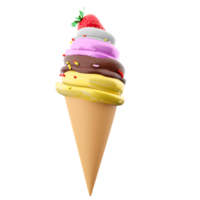 3d rendering cream ice cream with waffle peel and strawberries icon. 3d render Vanilla, chocolate, banana, strawberry flavored ice cream with powder icon. png