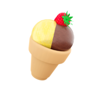3d representación Tres hielo crema pelotas de hielo crema con banana, chocolate, frambuesa sabor y fresas en parte superior icono. 3d hacer helado con frutas y nueces hielo crema icono. png