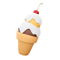 3d rendering ice cream with two balls and a cherry icon. 3d render waffle crust with chocolate and banana ball and milk filling icon. png