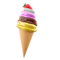 3d rendering cream ice cream with waffle peel and strawberries icon. 3d render Vanilla, chocolate, banana, strawberry flavored ice cream with powder icon. png