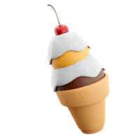 3d rendering ice cream with two balls and a cherry icon. 3d render waffle crust with chocolate and banana ball and milk filling icon. png