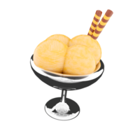 3d rendering four scoops of ice cream in a glass icon. 3d render vanilla ice cream with two waffle sticks icon. png