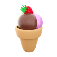 3d rendering three ice cream balls of ice cream with banana, chocolate, raspberry flavor and strawberries on top icon. 3d render sundae ice cream icon. png