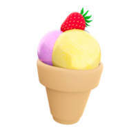 3d rendering three ice cream balls of ice cream with banana, chocolate, raspberry flavor and strawberries on top icon. 3d render sundae ice cream icon. png