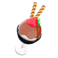 3d rendering ice cream scoop with chocolate topping and strawberries with sticks icon. 3d render ice cream in a glass with vanilla flavor icon. png