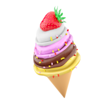 3d rendering cream ice cream with waffle peel and strawberries icon. 3d render Vanilla, chocolate, banana, strawberry flavored ice cream with powder icon. png