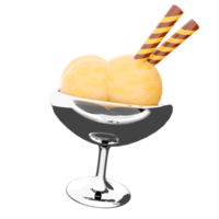 3d Rendern vier Schaufeln von Eis Sahne im ein Glas Symbol. 3d machen Vanille Eis Sahne mit zwei Waffel Stöcke Symbol. png