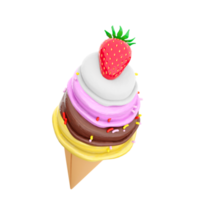 3d rendering cream ice cream with waffle peel and strawberries icon. 3d render Vanilla, chocolate, banana, strawberry flavored ice cream with powder icon. png