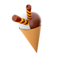 3d representación hielo crema con Tres cucharadas y un gofre cono icono. 3d hacer hielo crema con chocolate, plátano y Leche sabor con dos palos icono. png