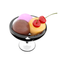 3d rendering three scoops of ice cream in a glass icon. 3d render banana, chocolate and strawberry flavored ice cream with cherry icon. png