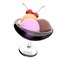 3d rendering three scoops of ice cream in a glass icon. 3d render banana, chocolate and strawberry flavored ice cream with cherry icon. png