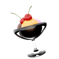 3d rendering three scoops of ice cream in a glass icon. 3d render banana, chocolate and strawberry flavored ice cream with cherry icon. png