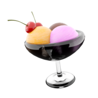 3d rendering three scoops of ice cream in a glass icon. 3d render banana, chocolate and strawberry flavored ice cream with cherry icon. png