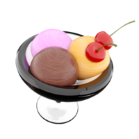 3d rendering three scoops of ice cream in a glass icon. 3d render banana, chocolate and strawberry flavored ice cream with cherry icon. png