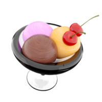 3d rendering three scoops of ice cream in a glass icon. 3d render banana, chocolate and strawberry flavored ice cream with cherry icon. png