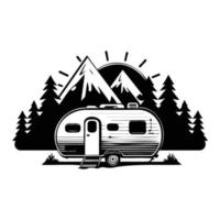 camper camp camping site with mountains and tree, camping in the woods, campsite with trailer landscape in retro style, svg file. vector