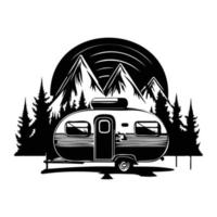 camper camp camping site with mountains and tree, camping in the woods, campsite with trailer landscape in retro style, svg file. vector