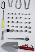 Set of tools for repair in a case on a white background. Assorted work or construction tools. Wrenches, Pliers, screwdriver. Top view photo