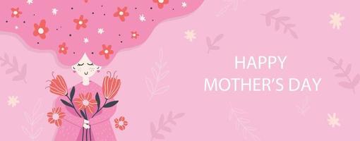 Happy Mother's Day Banner template with flowers. Vector background in flat style for greeting card, postcard, web, banner