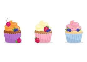 Cute colorful cream cupcakes of different taste and color. Flat vector dessert decoration clip art set.