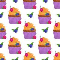 Seamless pattern with different cupcakes on a white background. Sweet pastries decorated with cherry and blueberries. vector