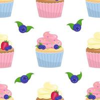 Seamless pattern with different cupcakes on a white background. Sweet pastries decorated with cherry and blueberries. vector