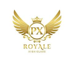 Golden Letter PX template logo Luxury gold letter with crown. Monogram alphabet . Beautiful royal initials letter. vector