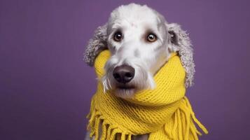 cute gray fluffy funny curly dog in a yellow knitted scarf on purple background portrait photo