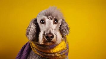 cute gray fluffy funny curly dog in a yellow purple knitted scarf on yellow background portrait photo