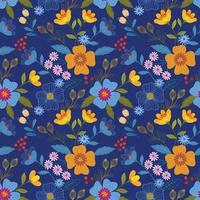 Blooming colorful flowers on navy in seamless pattern. vector
