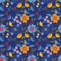 Blooming colorful flowers on navy in seamless pattern. vector