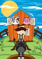 Cartoon Farmer on Horse with Farm Animals in Barn Illustration vector