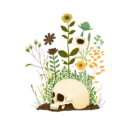 Skull with Plants and Flowers for Sticker, PNG Illustration.