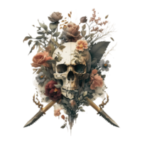 menselijk schedel, zwaard, bloemen, botanisch, PNG illustratie, ai gegenereerd