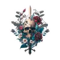 Human Skull, Sword, Flowers, Botanical, PNG Illustration,