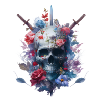 Human Skull, Sword, Flowers, Botanical, PNG Illustration,