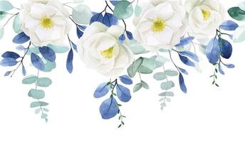 watercolor drawing. seamless border, baner with white peony flowers and eucalyptus leaves. vector