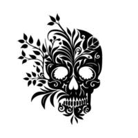 Floral skull vector illustration - intricate black and white design with ornamental flowers, perfect for tattoos, t-shirts, and graphic design projects.