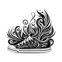 Trendy sneakers adorned with intricate floral pattern. Versatile black and white vector illustration suitable for footwear, fashion, and lifestyle design projects.