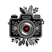 Vintage camera with blooming floral pattern and a small heart in the lens. Monochrome vector illustration for photography, art, and design projects.