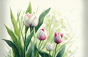 Spring tulips and leaves drawn in watercolor style. photo