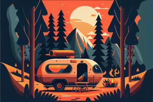 Flat design of camping van in the forest. photo