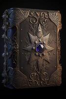 A leather magical book with elaborate metal clasp photo