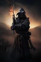 A dark samurai holding fire stick photo