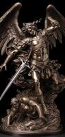 Archangel Michael fighting with devil statue on black background photo