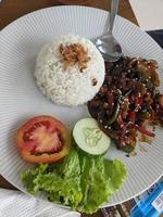 Close up of white rice with chicken sweet spicy ketchup. The photo is suitable to use for traditional food background, poster and food content.