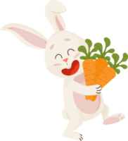 kanin karaktär. skrattande rolig, Lycklig påsk tecknad serie kanin med morötter. png