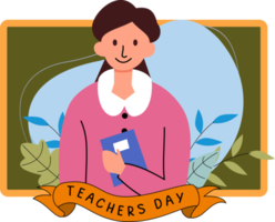 happy world teacher's day. the teacher holds a book in front of the blackboard. teacher icon. female teacher illustration png